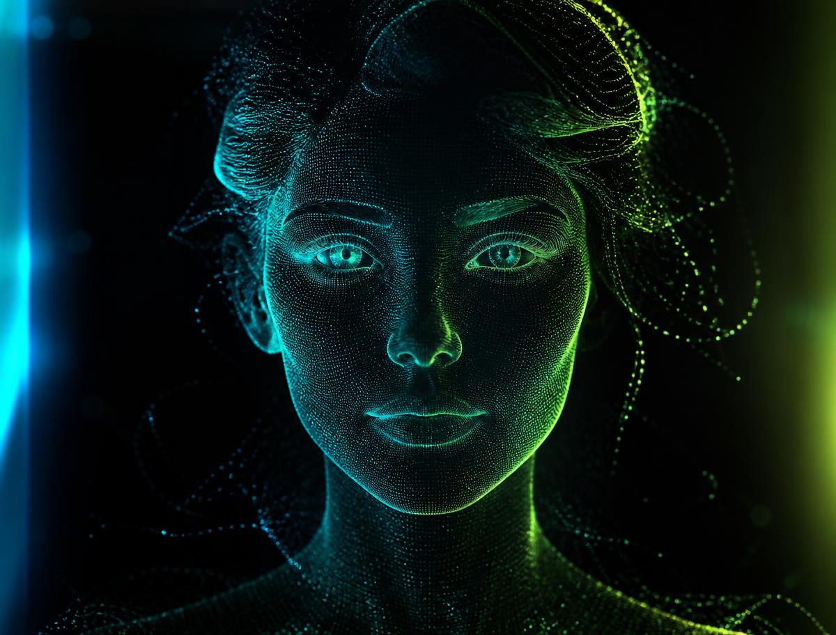 AI-generated digital avatar presenter rendered as a glowing particle mesh